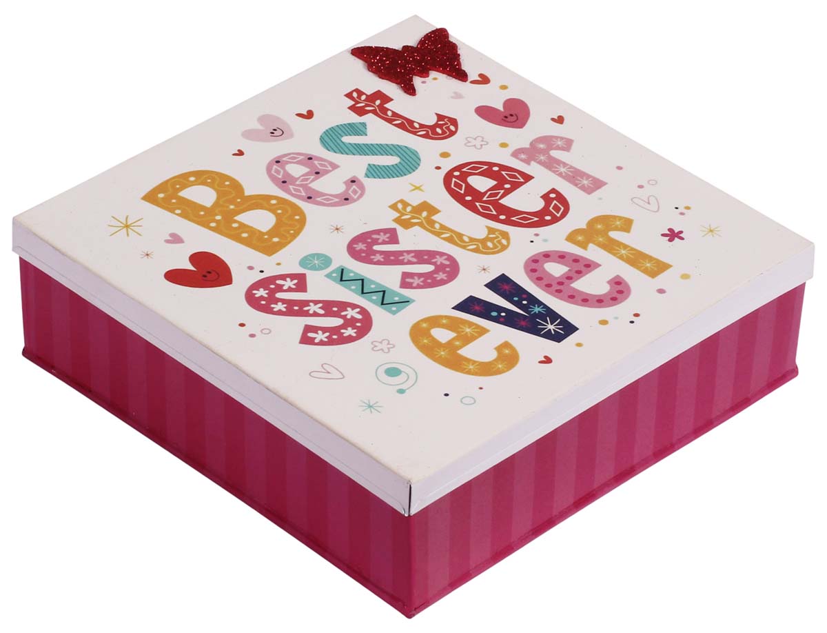 ‘BEST SISTER EVER’ Trinket Box in Iron - Multicolored & Pink - Heart, Star & Butterfly Motifs - Keepsake / Storage Boxes - Unique Gift Boxes - Buy in Bulk Wholesale
